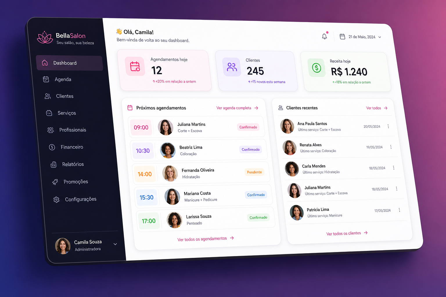 Dashboard do Studio Gere mostrando agendamentos, clientes e métricas financeiras